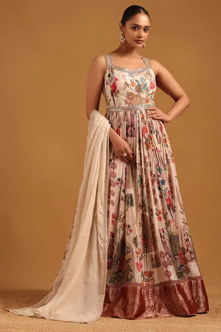 Cream Art Silk Botanical Hand Embroidered Gown With Mirror & Stone